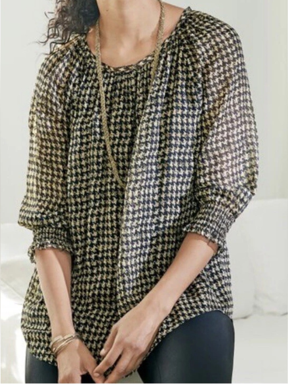 Soft Surroundings Ines Gold Black Chiffon 3/4 Puff Sleeve Houndstooth Blouse